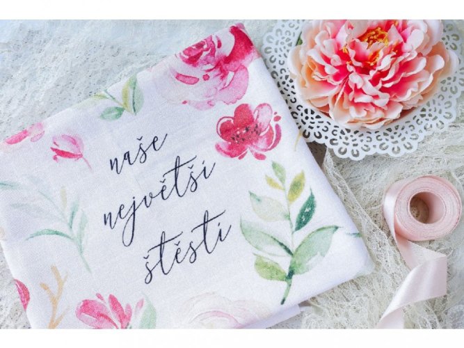 Biobavlněná čtvercová plena s textem " Naše největší štěstí "
