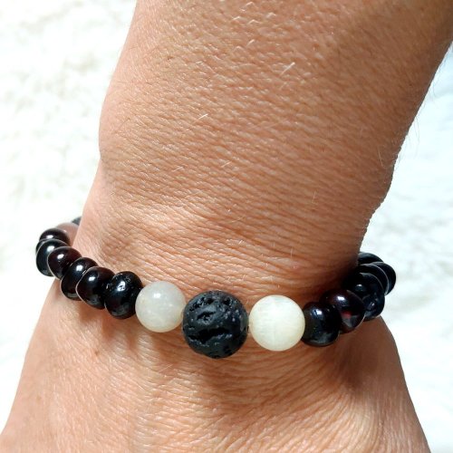 Jantarový náramek pro ženy - S měsíčním kamenem, achátem a lávovými kameny