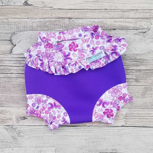 Swim nappy kojenecké neoprenové plavky s volánkem - Fialové s motýlky - Velikost: M