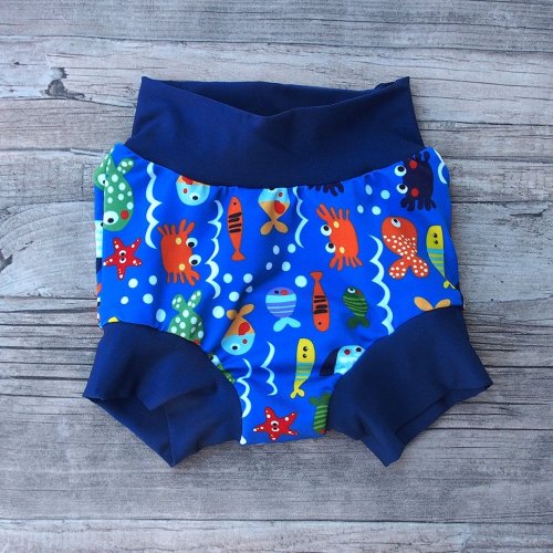 Swim nappy klasické polyesterové plavky - Modré s rybičkou - Velikost: M