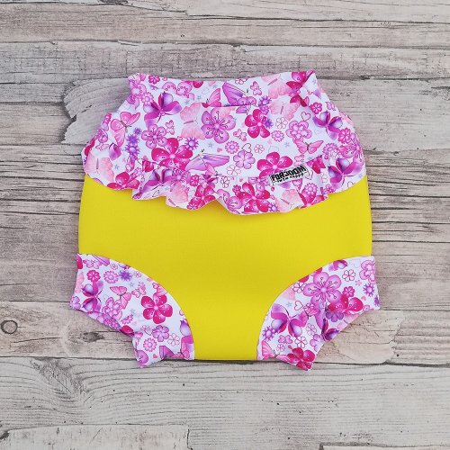 Swim nappy kojenecké neoprenové plavky s volánkem - Žluté s motýlky - Velikost: XL