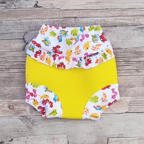 Swim nappy kojenecké neoprenové plavky s volánkem - Žluté se zvířátky