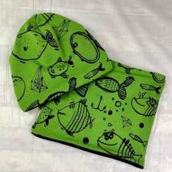 Yháček šmoulí oboustranná čepička s flísem - Ryby na zelené